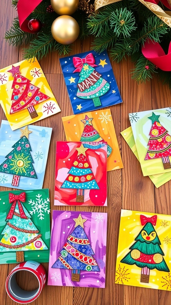 Colorful handmade acrylic Christmas cards with unique designs on a wooden table, surrounded by festive decorations.